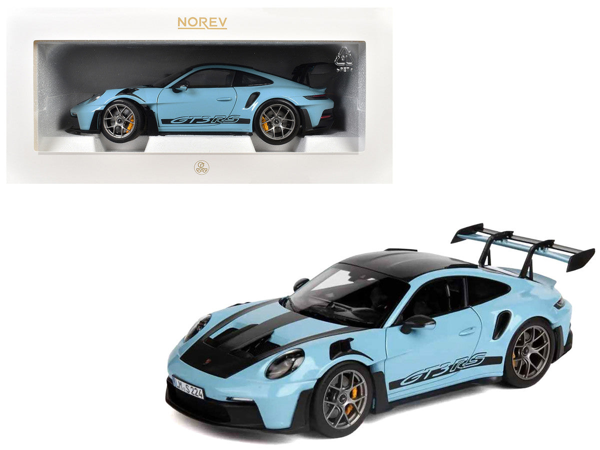 2022 Porsche 911 GT3 RS Weissach Pack Gulf Blue with Carbon Top and Hood Stripes 1/18 Diecast Model Car by Norev LuxuryLifeWay Online Store