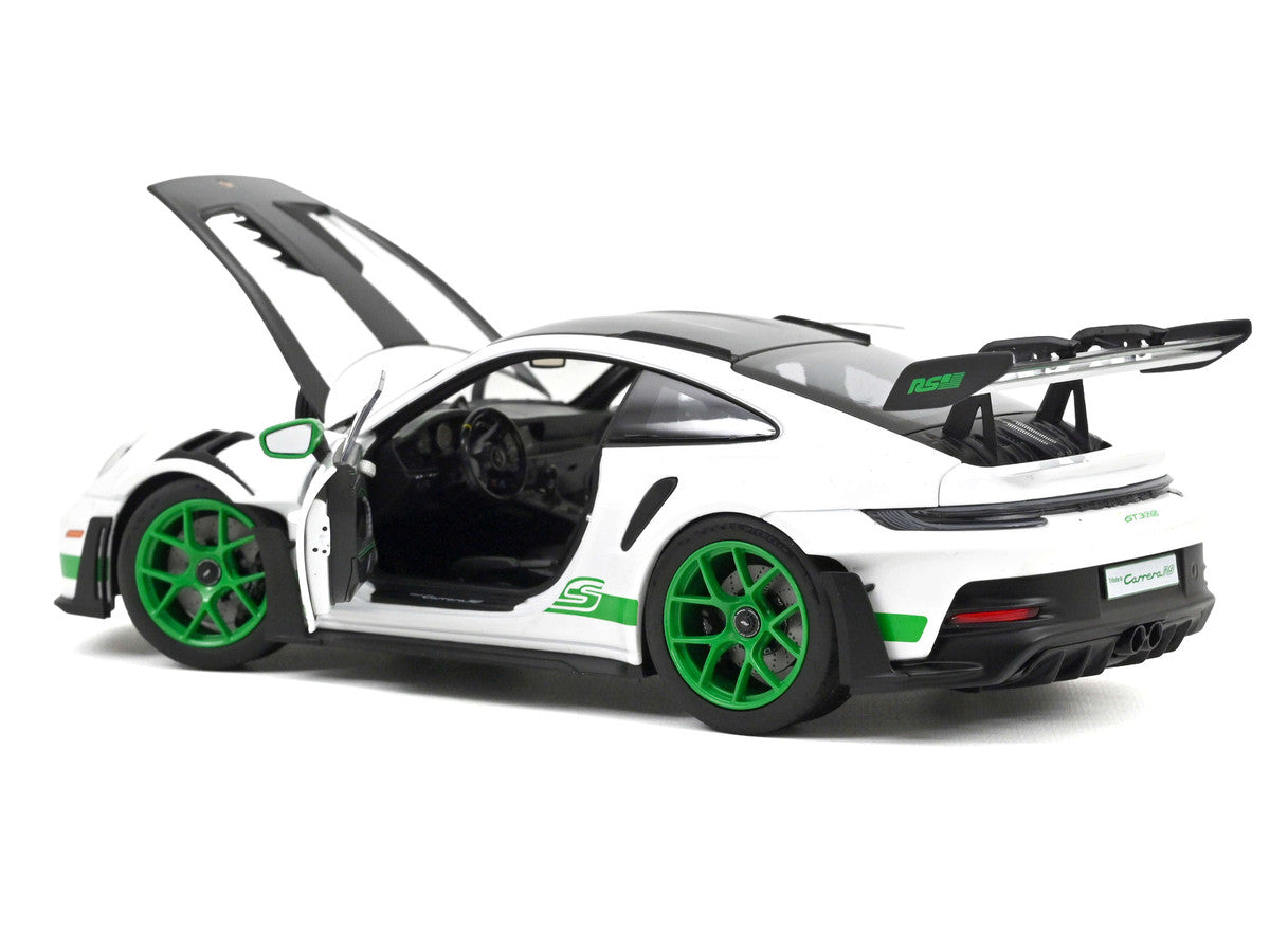 2022 Porsche 911 GT3 RS Weissach Pack White with Green Stripes And Carbon Hood and Top 1/18 Diecast Model Car by Norev LuxuryLifeWay Online Store