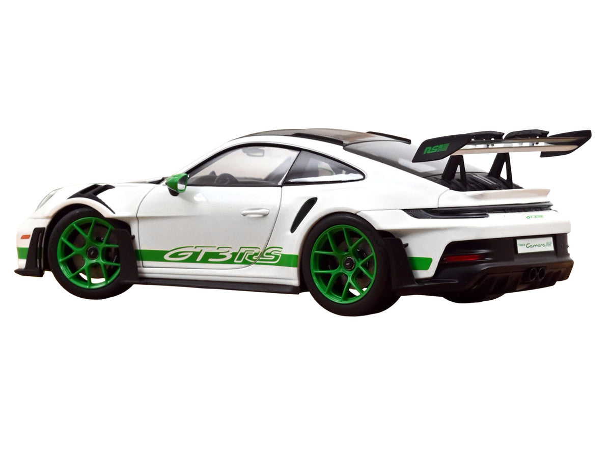 2022 Porsche 911 GT3 RS Weissach Pack White with Green Stripes And Carbon Hood and Top 1/18 Diecast Model Car by Norev LuxuryLifeWay Online Store