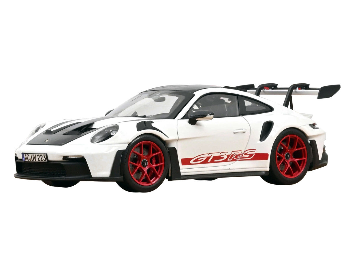 2022 Porsche 911 GT3 RS with Weissach Pack White with Carbon Hood and Top and Pyro Red Stripes and Wheels 1/18 Diecast Model Car by Norev LuxuryLifeWay Online Store