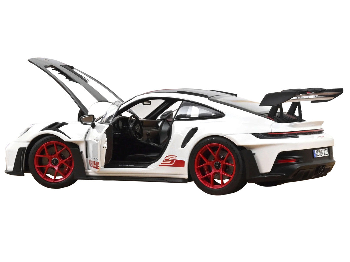 2022 Porsche 911 GT3 RS with Weissach Pack White with Carbon Hood and Top and Pyro Red Stripes and Wheels 1/18 Diecast Model Car by Norev LuxuryLifeWay Online Store