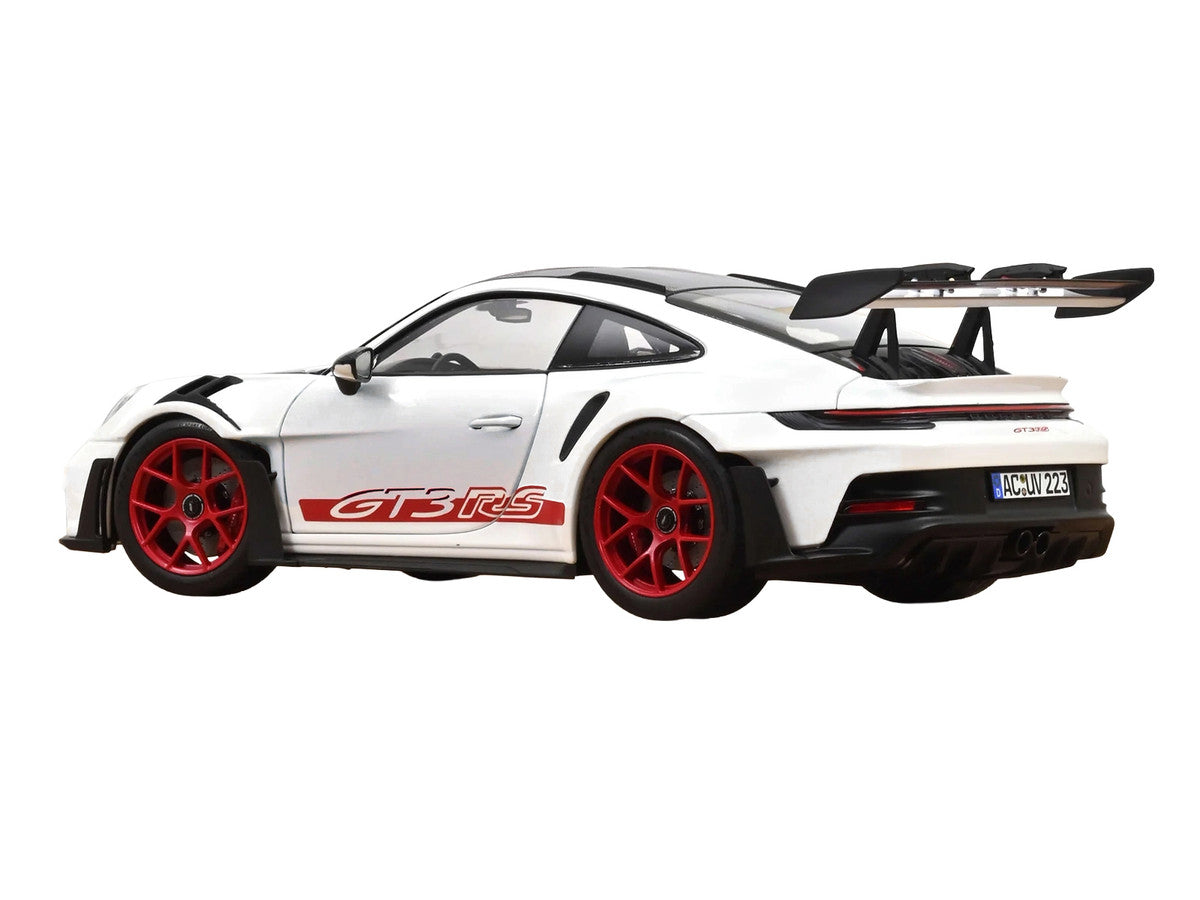 2022 Porsche 911 GT3 RS with Weissach Pack White with Carbon Hood and Top and Pyro Red Stripes and Wheels 1/18 Diecast Model Car by Norev LuxuryLifeWay Online Store