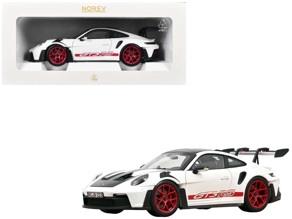 2022 Porsche 911 GT3 RS with Weissach Pack White with Carbon Hood and Top and Pyro Red Stripes and Wheels 1/18 Diecast Model Car by Norev LuxuryLifeWay Online Store