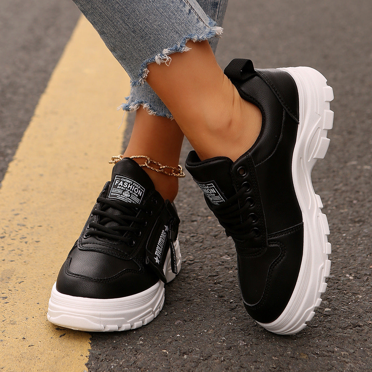 Lace-up Sports Shoes With Side-Zipper Design Fashion Thick-soled Round-toe Casual Shoes For Women Sneakers CJD
