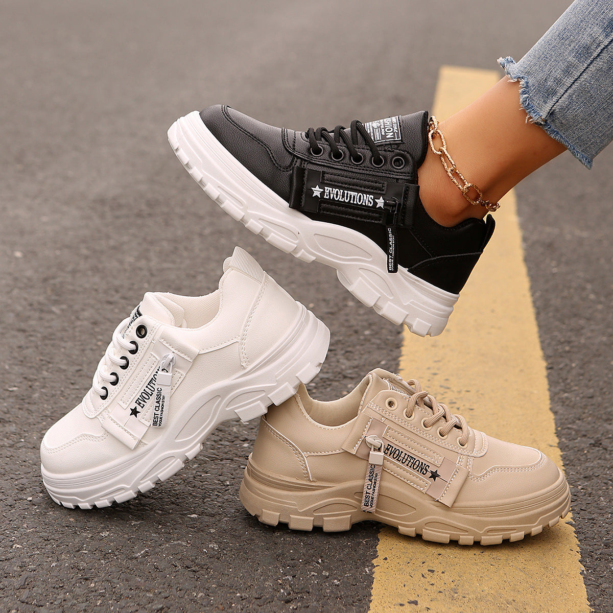 Lace-up Sports Shoes With Side-Zipper Design Fashion Thick-soled Round-toe Casual Shoes For Women Sneakers CJD