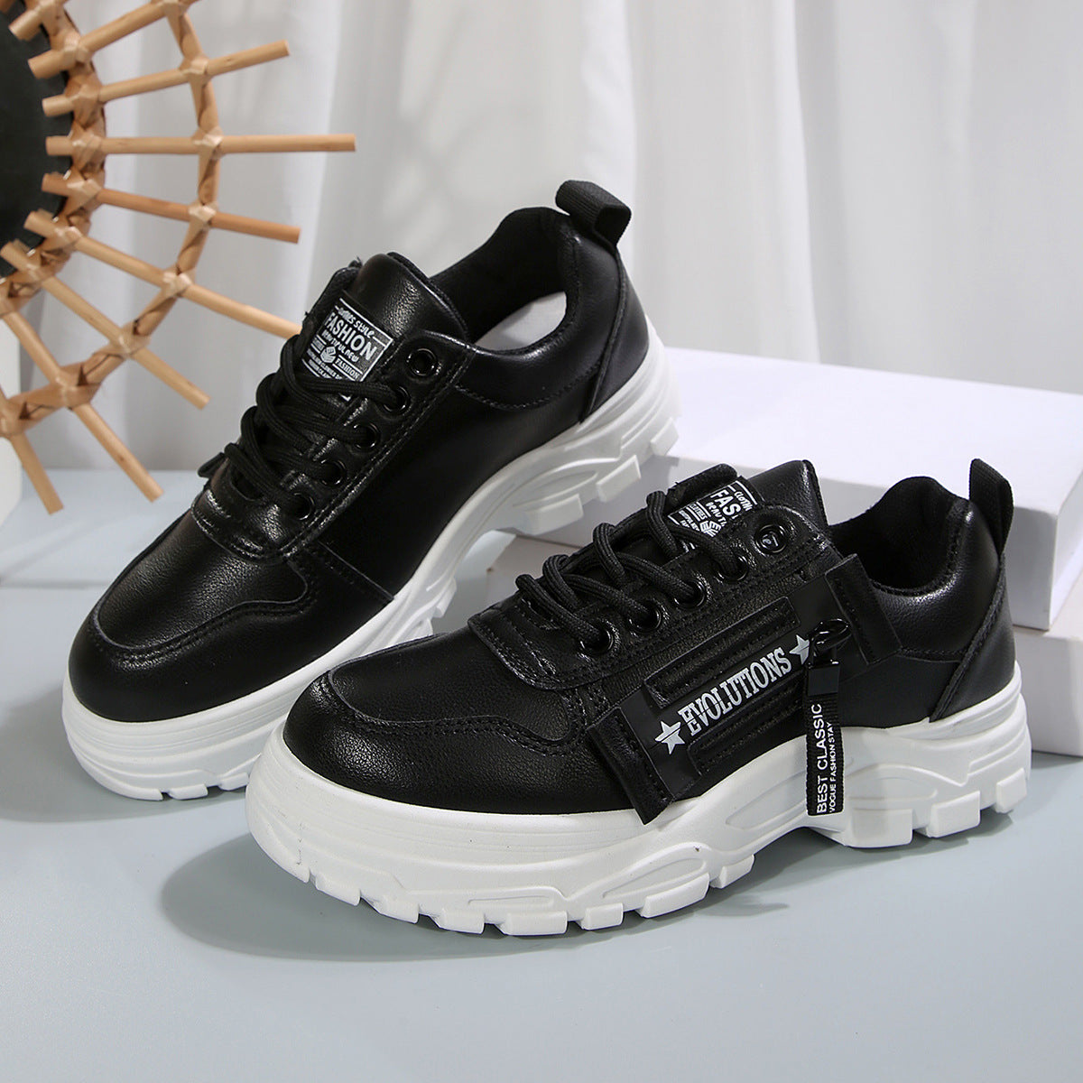 Lace-up Sports Shoes With Side-Zipper Design Fashion Thick-soled Round-toe Casual Shoes For Women Sneakers CJD