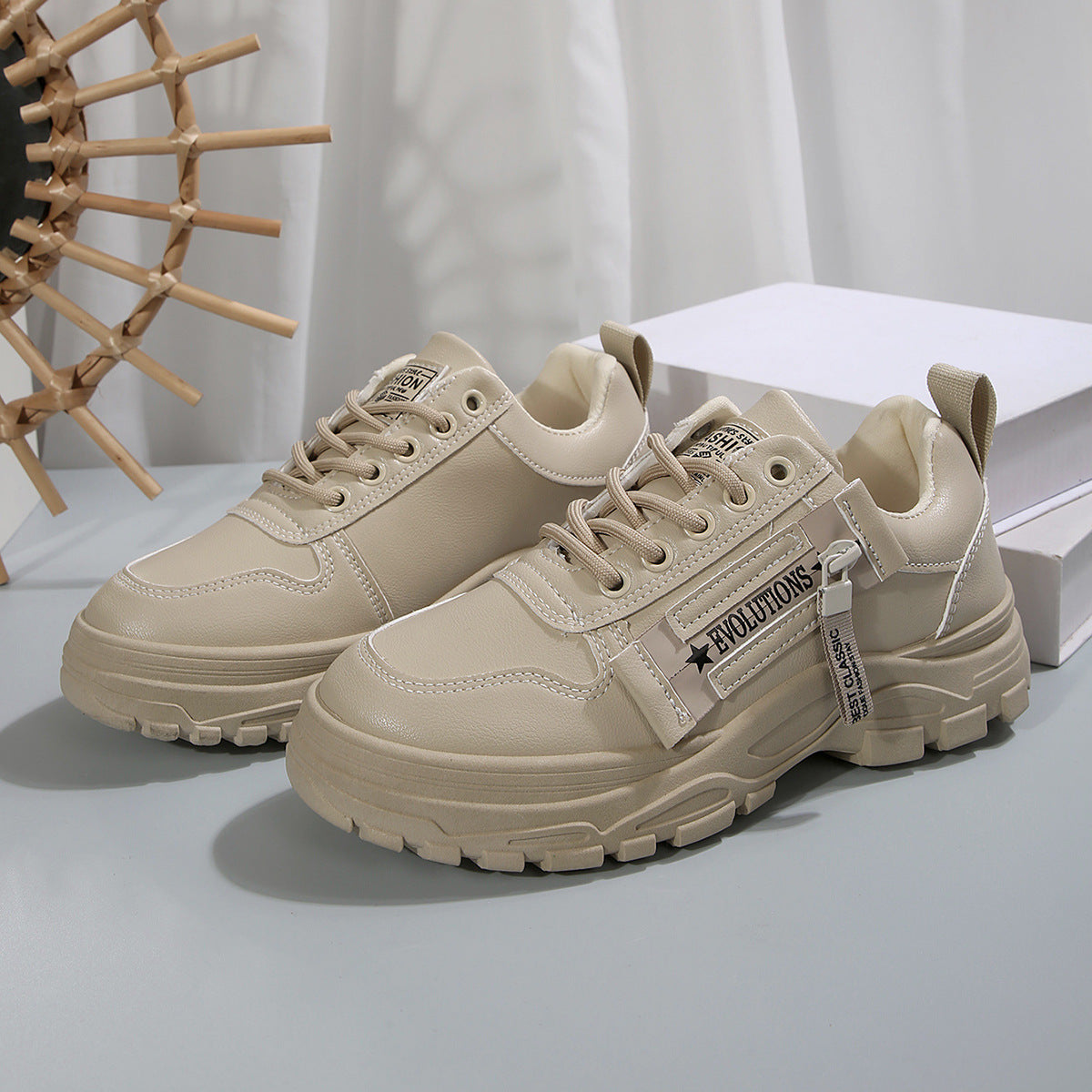 Lace-up Sports Shoes With Side-Zipper Design Fashion Thick-soled Round-toe Casual Shoes For Women Sneakers CJD