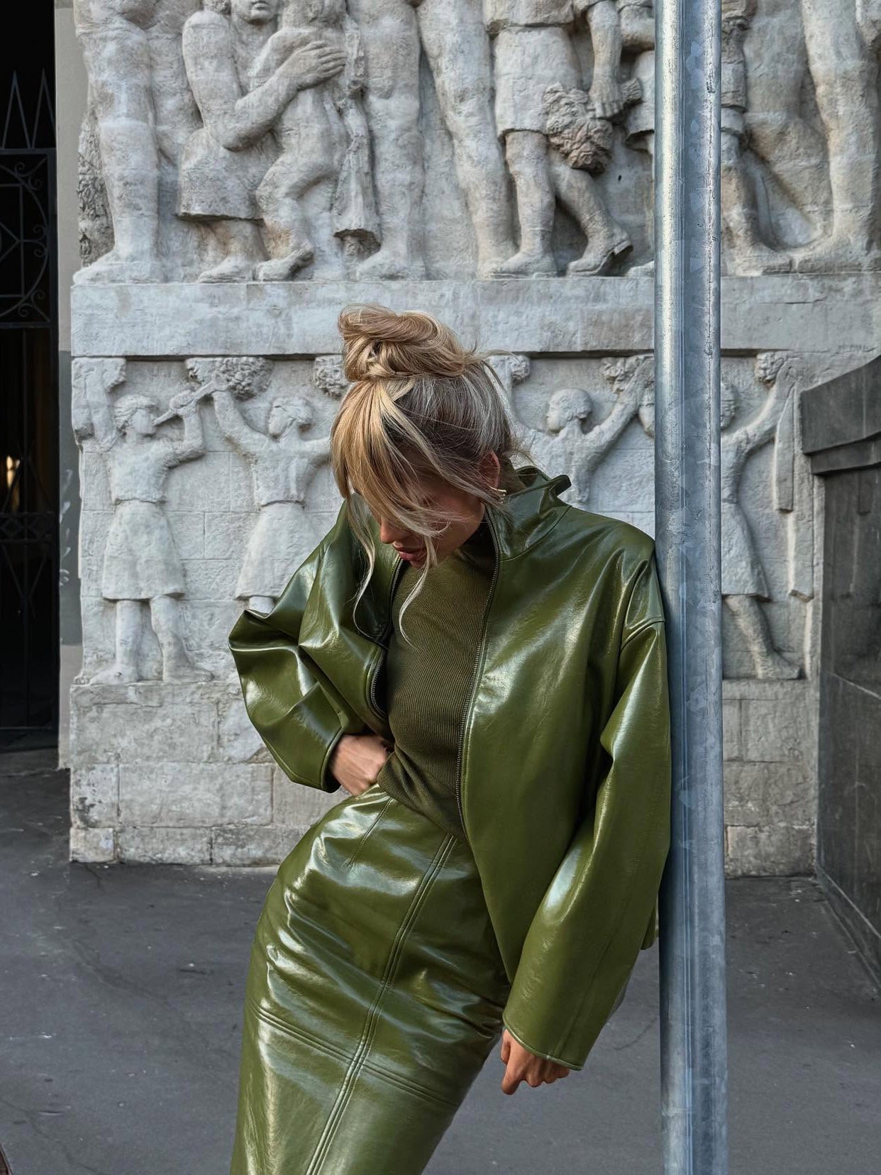 Olive Green Faux Leather Jacket And Midi Skirt Set NorixaFashion.com