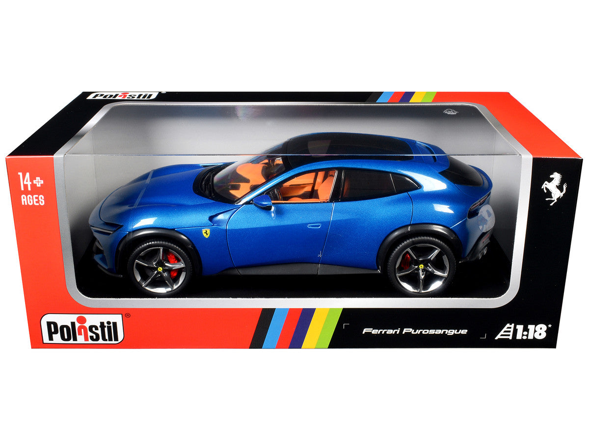 2022 Ferrari Purosangue Blu Corsa Blue Metallic with Black Top and Orange Interior 1/18 Diecast Model Car by Polistil LuxuryLifeWay Online Store