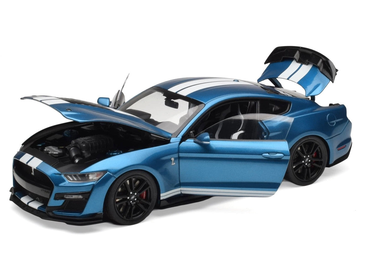 2022 Ford Mustang Shelby GT500 Blue Metallic with White Stripes 1/18 Diecast Model Car by IXO Models LuxuryLifeWay Online Store