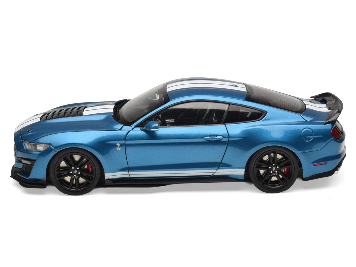 2022 Ford Mustang Shelby GT500 Blue Metallic with White Stripes 1/18 Diecast Model Car by IXO Models LuxuryLifeWay Online Store