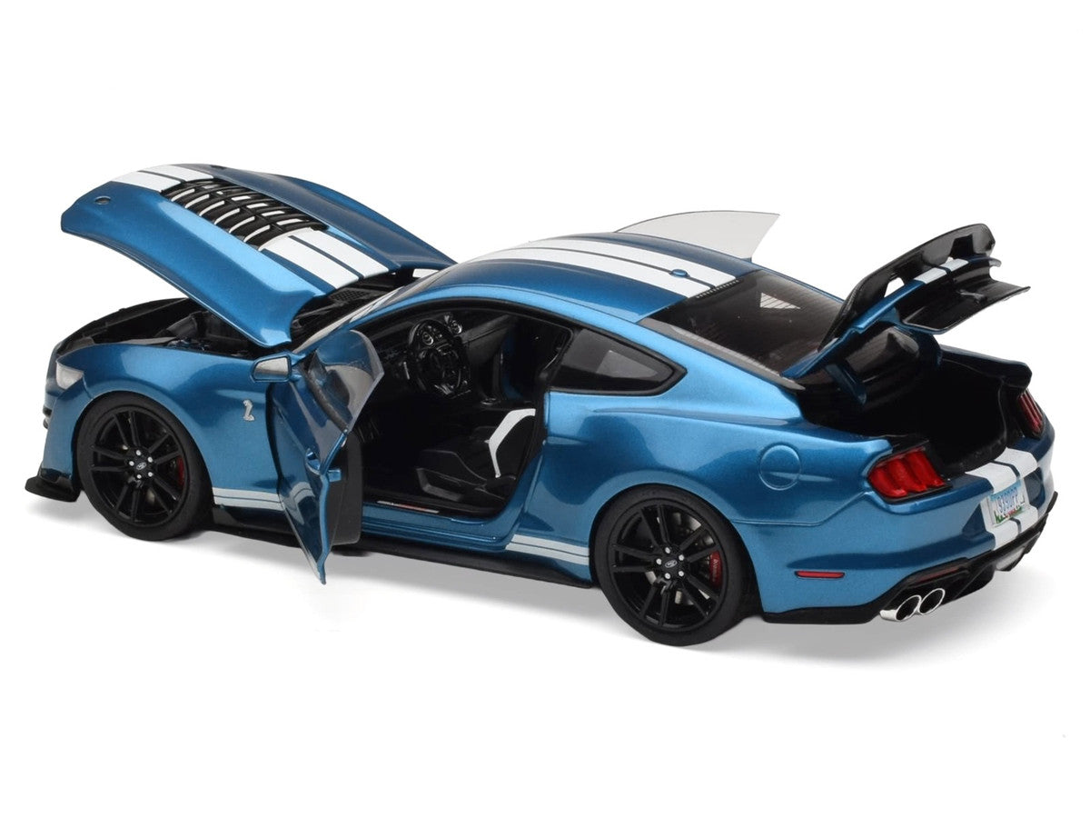 2022 Ford Mustang Shelby GT500 Blue Metallic with White Stripes 1/18 Diecast Model Car by IXO Models LuxuryLifeWay Online Store