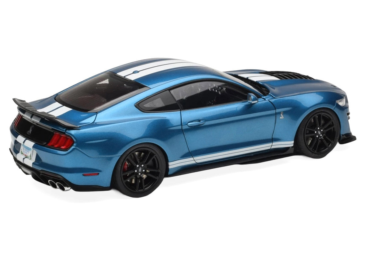 2022 Ford Mustang Shelby GT500 Blue Metallic with White Stripes 1/18 Diecast Model Car by IXO Models LuxuryLifeWay Online Store