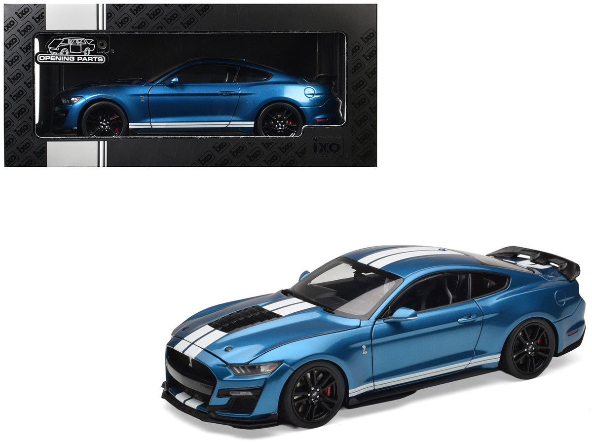 2022 Ford Mustang Shelby GT500 Blue Metallic with White Stripes 1/18 Diecast Model Car by IXO Models LuxuryLifeWay Online Store