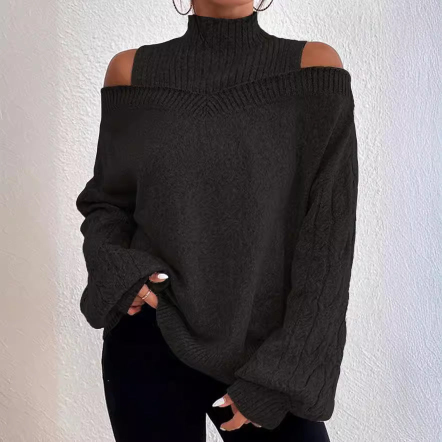 Off-the-shoulder Sweater Women's Pullover Half Turtleneck Autumn And Winter New Lantern Sleeve Sweater NorixaFashion.com