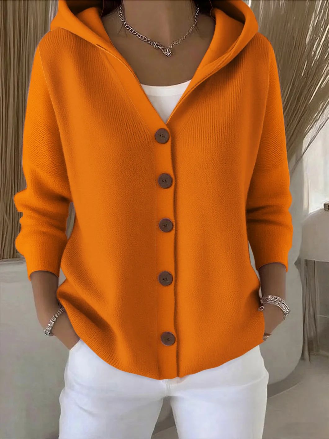 Ins Button Hooded Sweater Fashion Autumn And Winter Knitted Cardigan Casual Commuter Long Sleeve Top Women's Clothing NorixaFashion.com