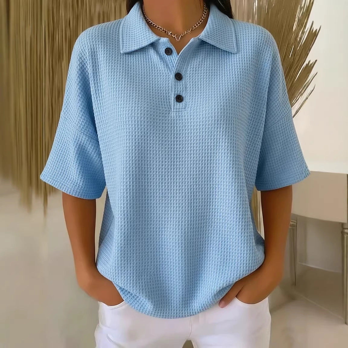 Women's Casual Loose Comfortable Lapel-Neck T-Shirt With Buttons NorixaFashion.com