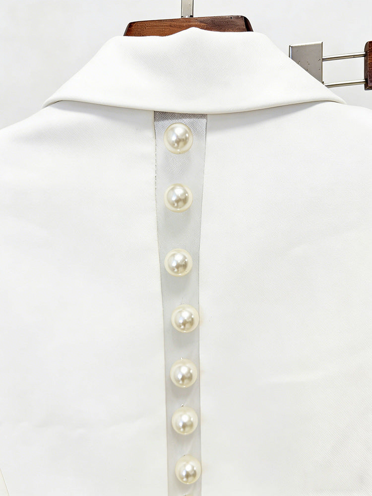 Pearl Embellished Peak Lapel Blazer & High Waist Full Flare Suit Trousers 2-Piece Set NorixaFashion.com