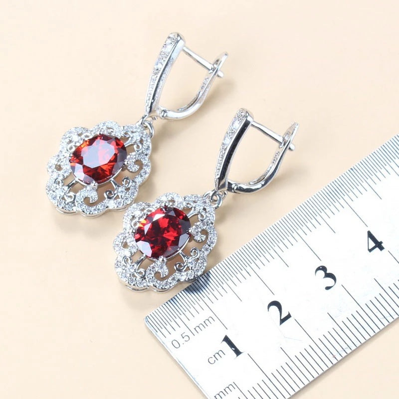 Garnet Cubic Zirconia Earrings Pendant Necklace Bracelet Ring Gift 4 PCs Set LadyShow.Store