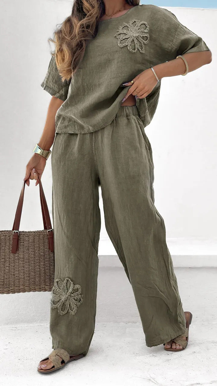2026 New Autumn Women's 2 Piece Set Large Embroidered Casual Set High Waist Loose Pants NorixaFashion.com