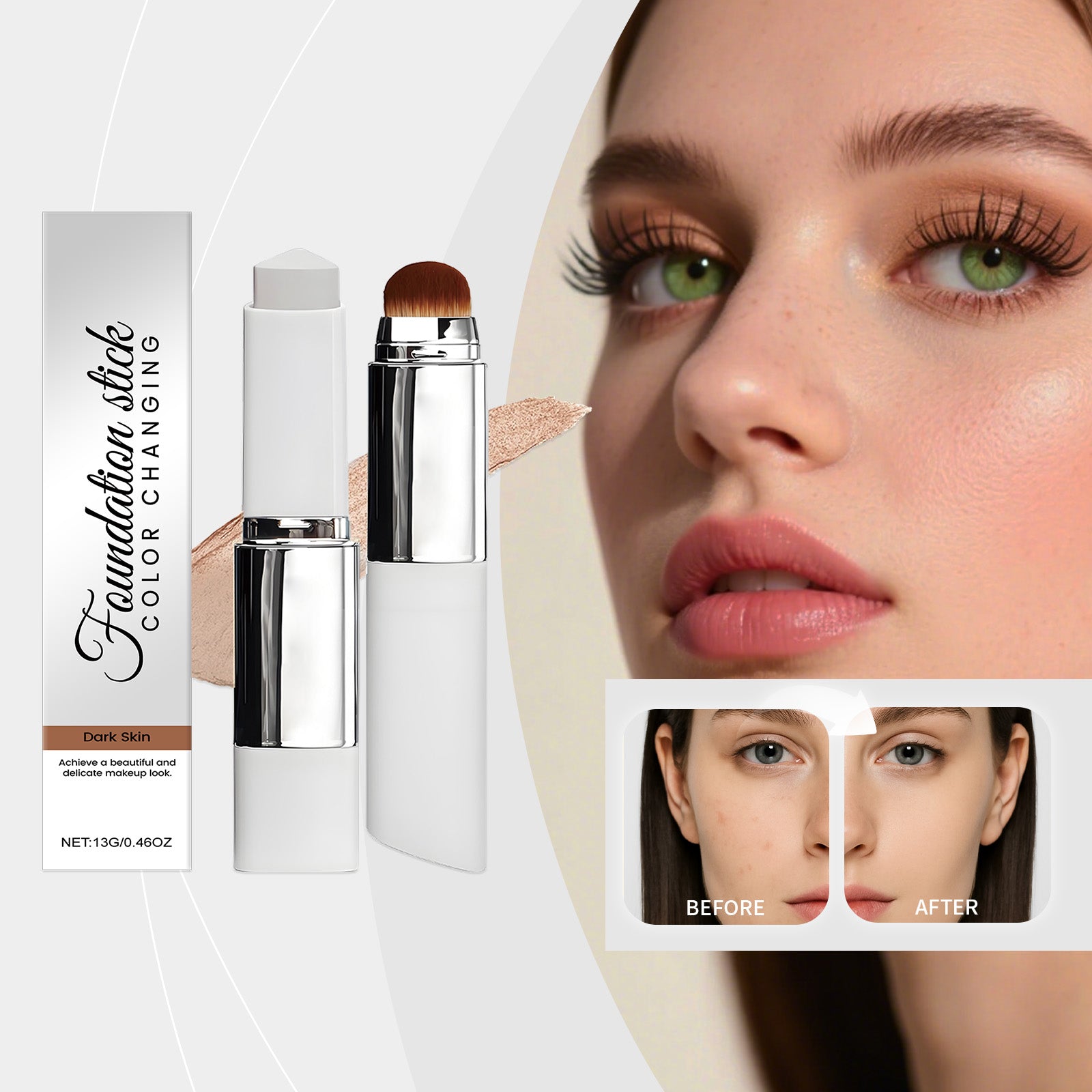2-in-1 Color Changing Foundation Stick Deep Skin Tone Tri Light Beauty