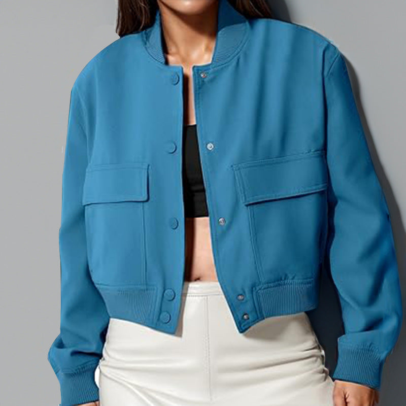 Fashion Button Stand-collar Jacket With Big Pockets Casual Loose Short Outwear Tops Coat For Women Clothing LuxuryLifeWay Online Store