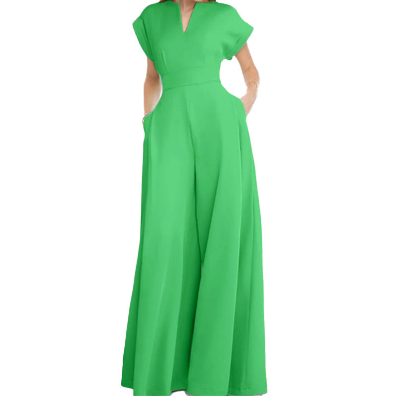 2026 Summer New Women's Fashion Commuter V-neck Waist Solid Color Wide Leg Jumpsuit NorixaFashion.com