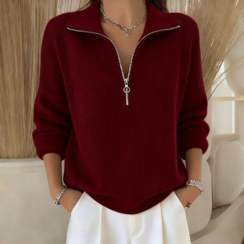 Womens Slimming Casual Fashionable, Versatile Knitted Sweater With A Zippered Lapel NorixaFashion.com