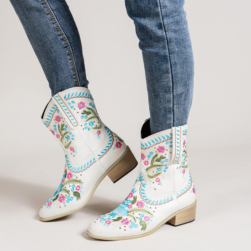 Ethnic Style Female Embroidered Flowers European And American Mid-tube Western Boots LadyShow.Store