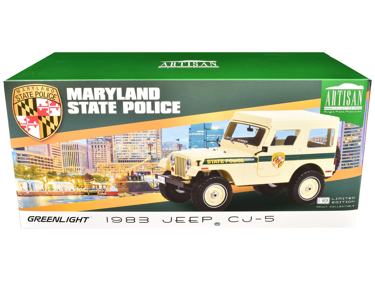 1983 Jeep CJ-5 Hardtop "Maryland State Police" Beige with Green Stripes "Artisan Collection" Series 1/18 Diecast Model Car by Greenlight LuxuryLifeWay Online Store