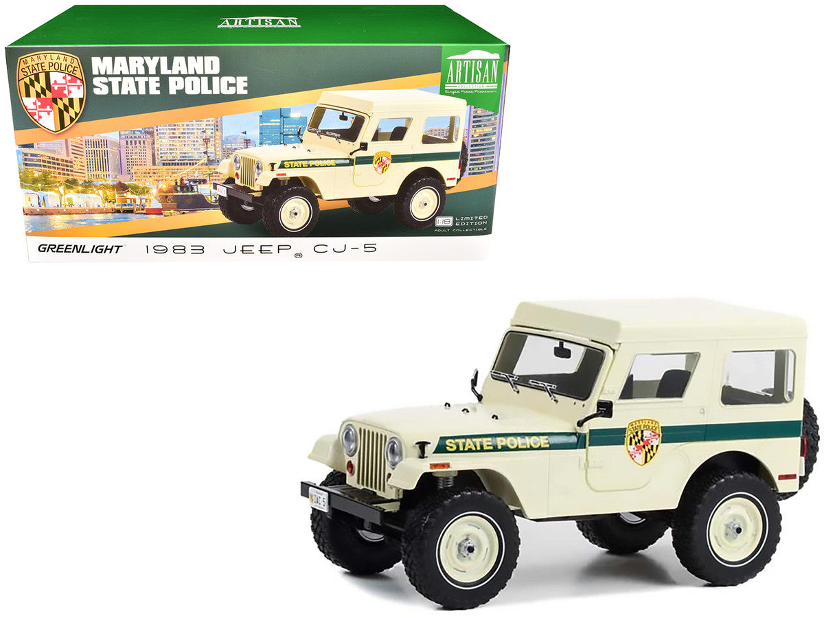 1983 Jeep CJ-5 Hardtop "Maryland State Police" Beige with Green Stripes "Artisan Collection" Series 1/18 Diecast Model Car by Greenlight LuxuryLifeWay Online Store