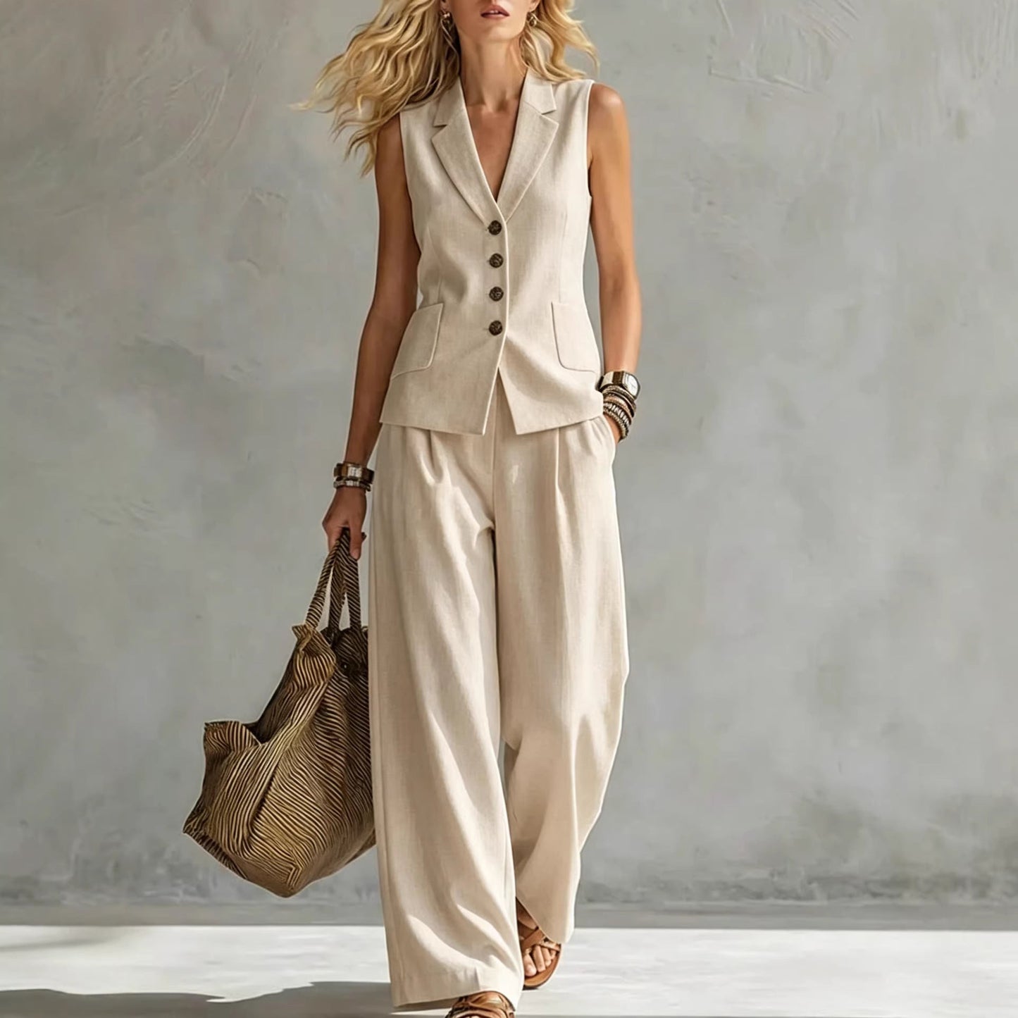 Two-piece V-Neck Sleeveless Vest And Wide Leg Pants For Women Summer Solid-Colored Sleeveless Casual Linen Tank Top And Pants Set NorixaFashion.com