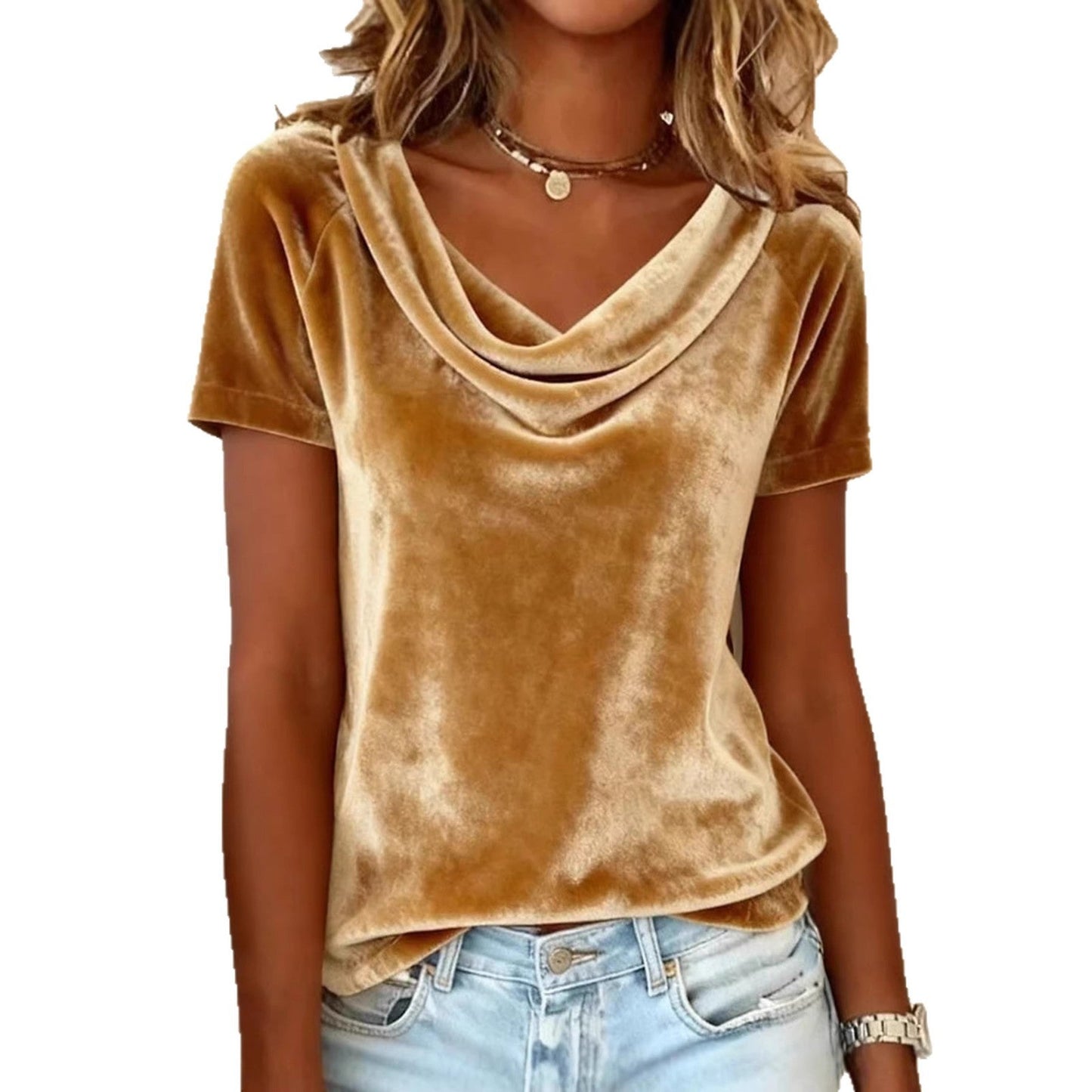 Womens New Solid-Colored Scoop-Neck Short-Sleeve Sexy Velvet T-Shirt LadyShow.Store