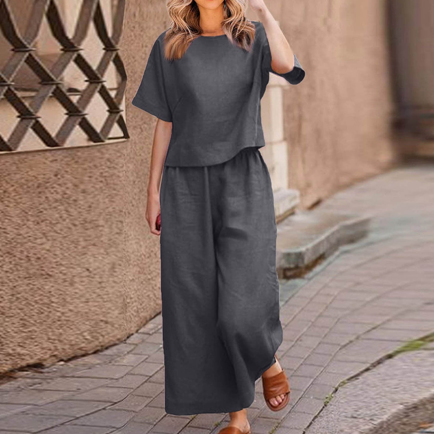 European And American Women's Linen Casual Loose Solid Color Suit Two-piece Women LadyShow.Store