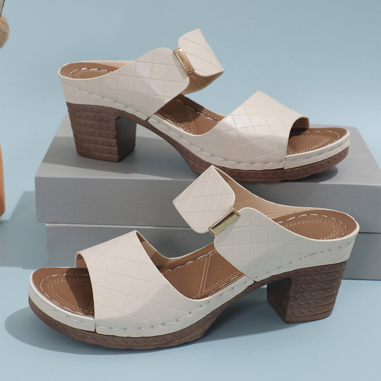 Chunky Heel Sandals Summer Round Toe Plaid Slides Slippers Fashion Outdoor High Heels Shoes For Women CJD