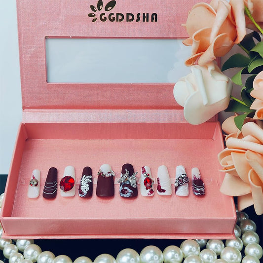 GGddsha New Shiny Crystal Long Press On Nails WithDiamonds Reusable PMA Acrylic Handmade Nails FullDeluxe 3D Crystal Fake Nails W Box Gift For Women,Suede Scarlet Tri Light Beauty