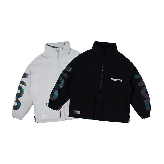 Reflective hot film printing black technology bread coat men's trend men's cotton coat CJD