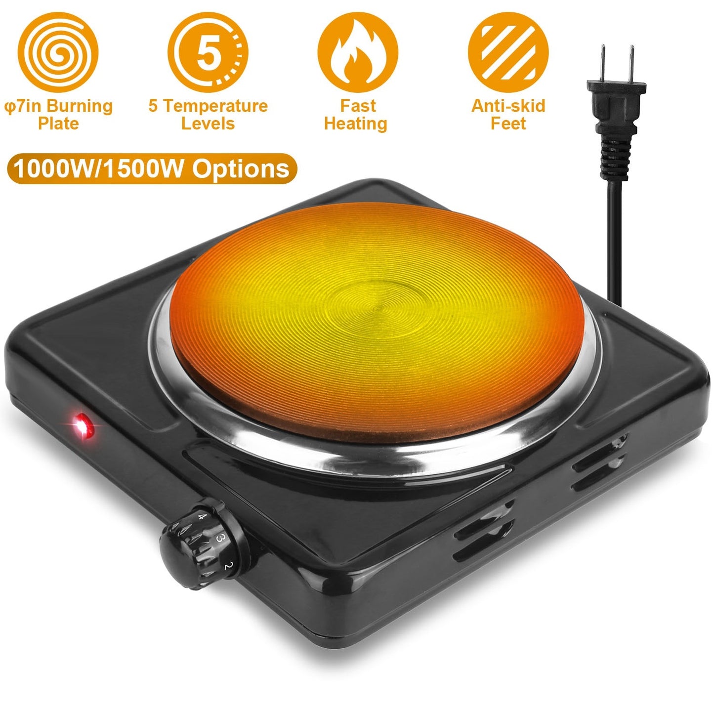 1500W Electric Single Burner Portable Heating Hot Plate Stove Countertop RV Hotplate With Non Slip Rubber Feet 5 Temperature Adjustments