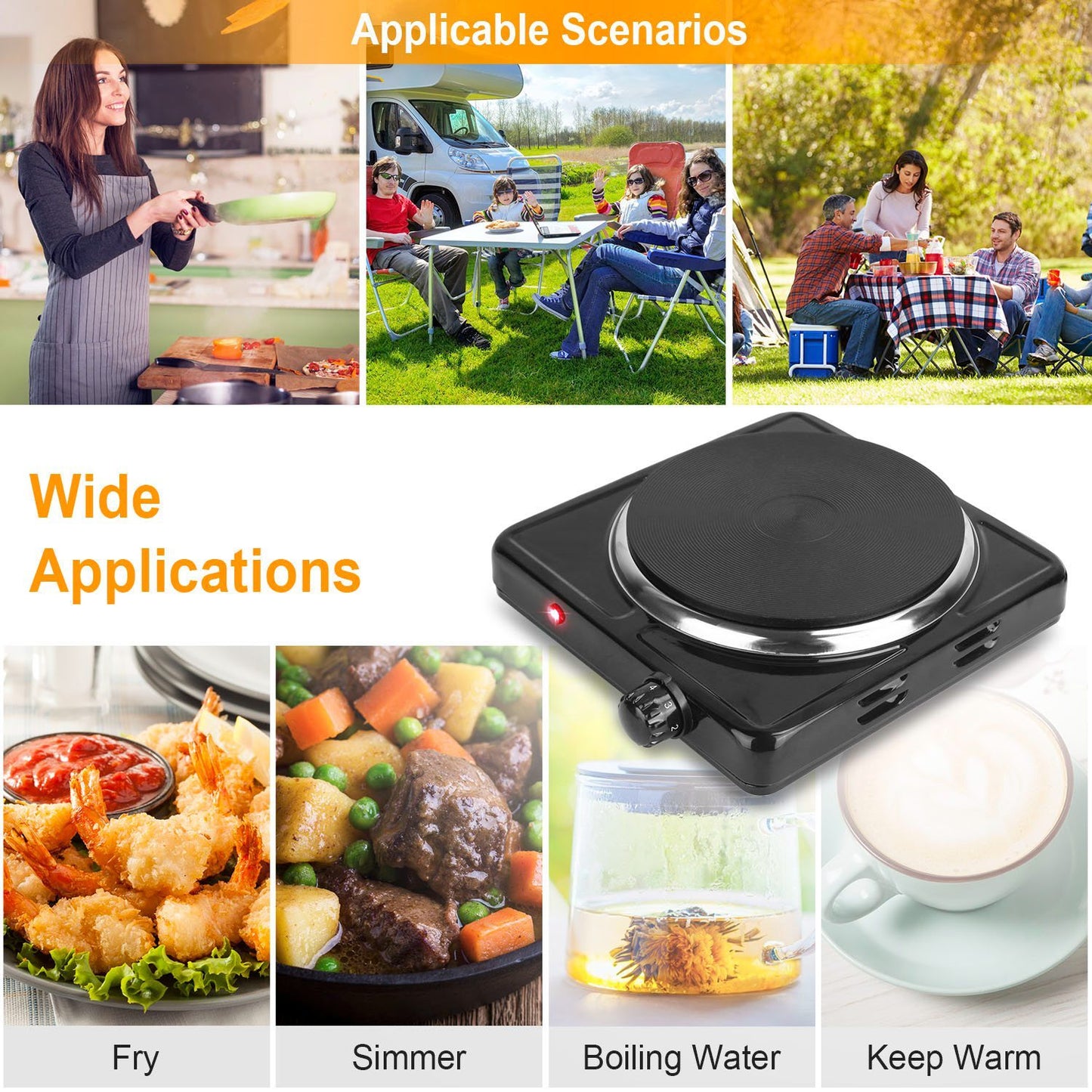 1500W Electric Single Burner Portable Heating Hot Plate Stove Countertop RV Hotplate With Non Slip Rubber Feet 5 Temperature Adjustments