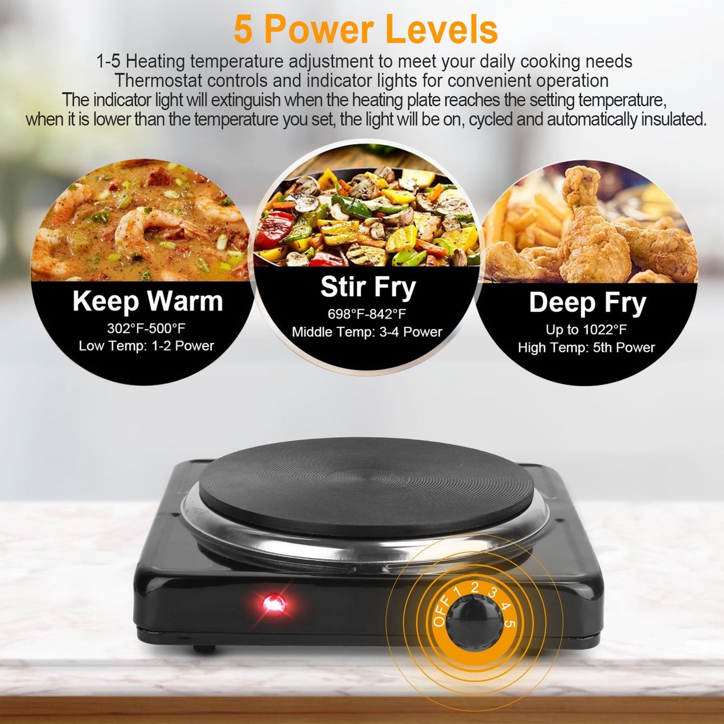 1500W Electric Single Burner Portable Heating Hot Plate Stove Countertop RV Hotplate With Non Slip Rubber Feet 5 Temperature Adjustments