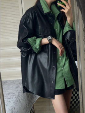Men's Long Color Block Printed Leather Jacket Pi-Mart