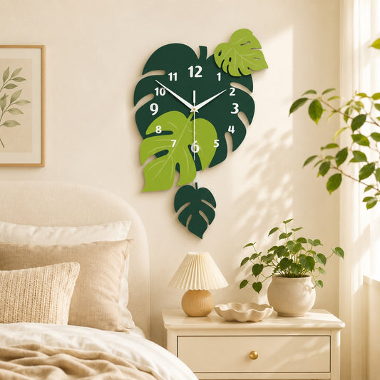 Acrylic Leaf Wall Clock Tropical Decorative Home Decor PearlNestDecor.com