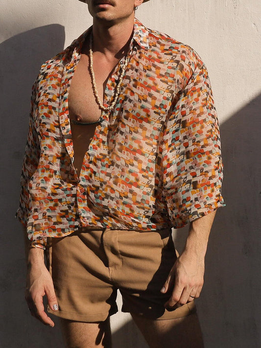 Retro Geometric Print Sheer Oversized Shirt NorixaFashion.com