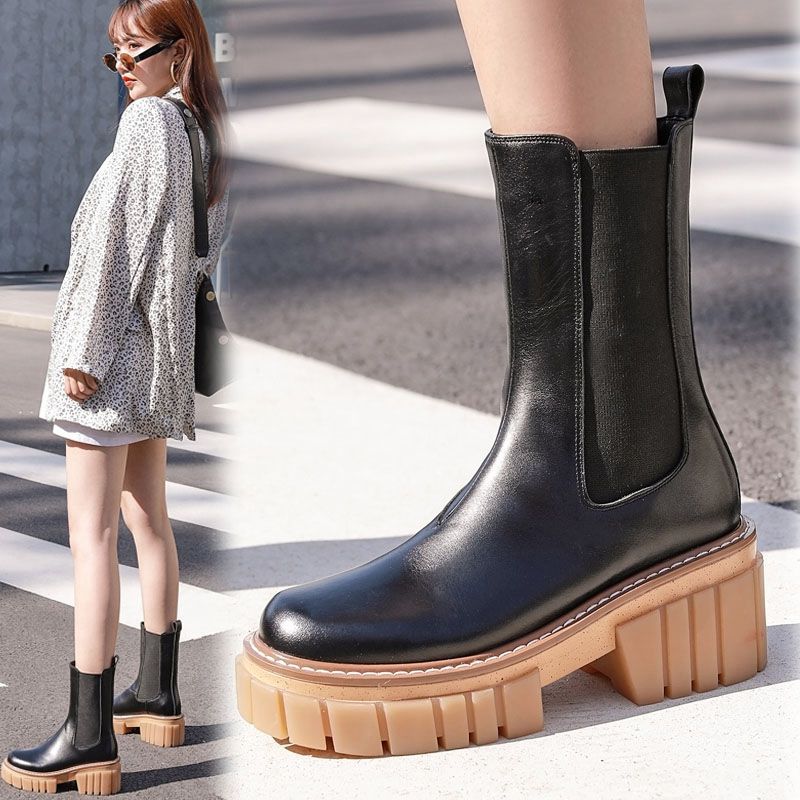 Round Toe High Heeled Leather Platform Retro Martin Ankle Boots LadyShow.Store