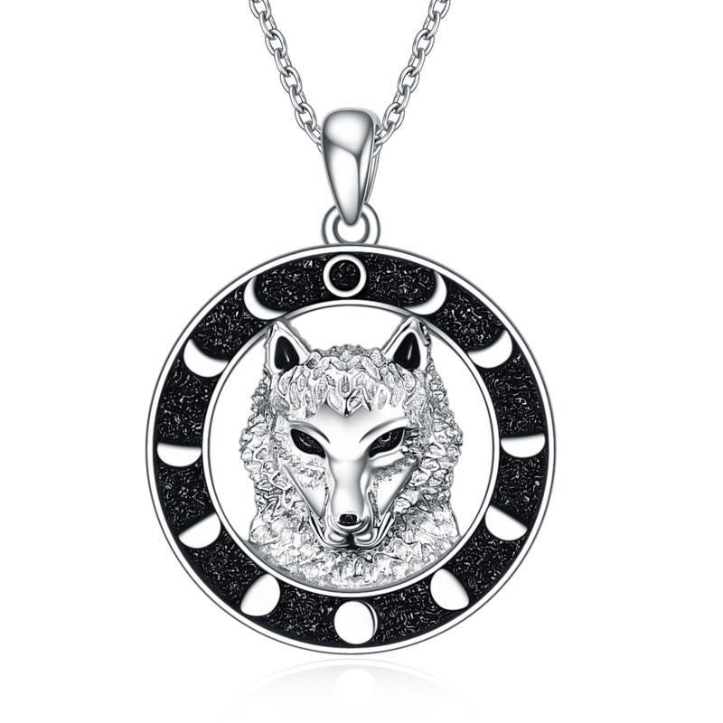 Wolf Pendant Necklace 925 Sterling Silver Moon Phase LadyShow.Store