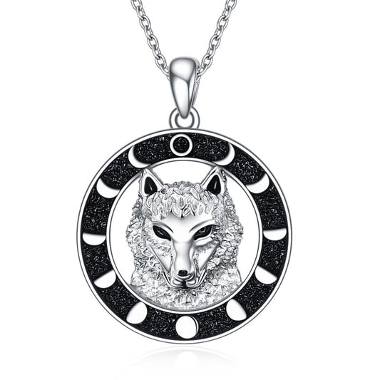 Wolf Pendant Necklace 925 Sterling Silver Moon Phase LadyShow.Store