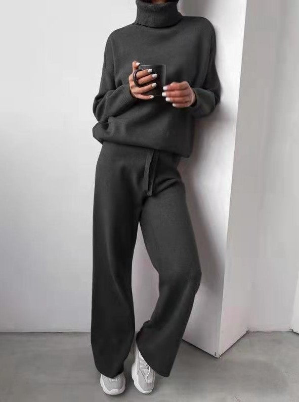 Casual Fashion Suits For Women Turtleneck Sweater And Drawstring Straight Pants LadyShow.Store