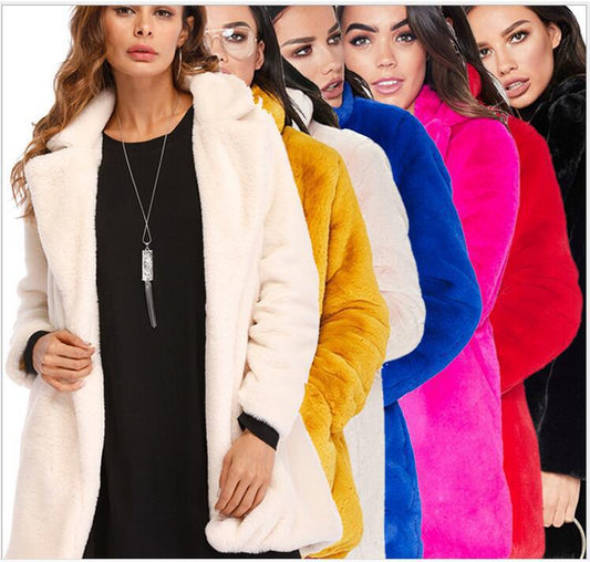 Women's Plus Size Faux Fur Coat - Long Sleeve Thick Winter Jacket in Black/Yellow/Rose Red (European & American Style) CJD