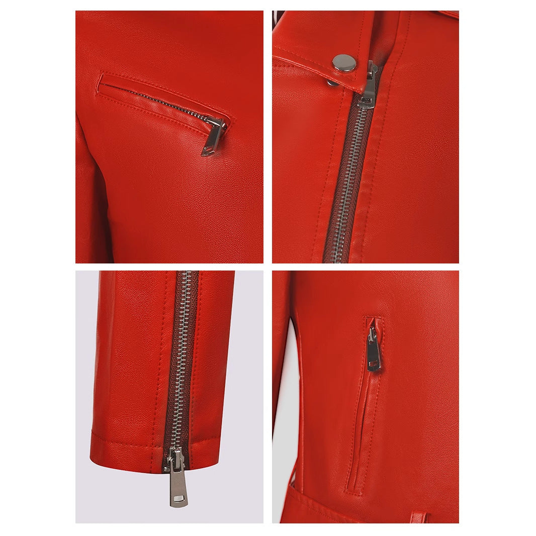 Lapel Short Belt Women's PU Simple Leather Jacket Motorcycle Jacket LadyShow.Store