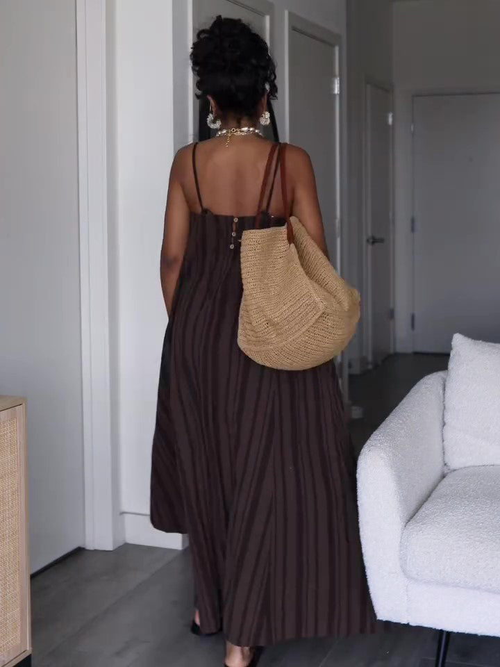 Brown Striped Suspender Pocket Loose Dress NorixaFashion.com